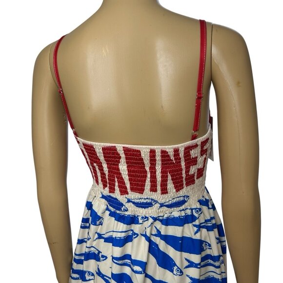 Women Fit & Flare Dress Size S Print Sardines Blue Red Square Neck Sleeveless - Picture 9 of 11